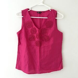 Y2K Fuchsia Linen Blend Rosette Applique Tank Top Petite Small Artsy Boho